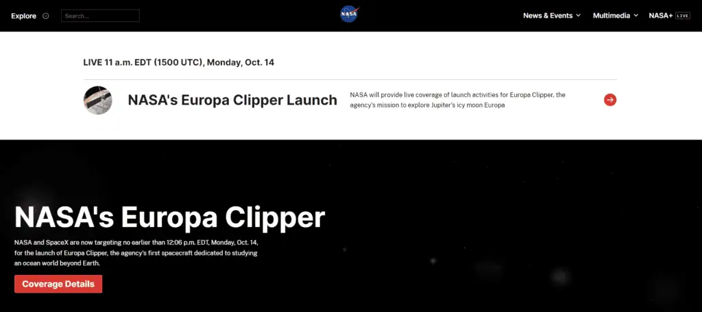 Homepage del sito web della Nasa