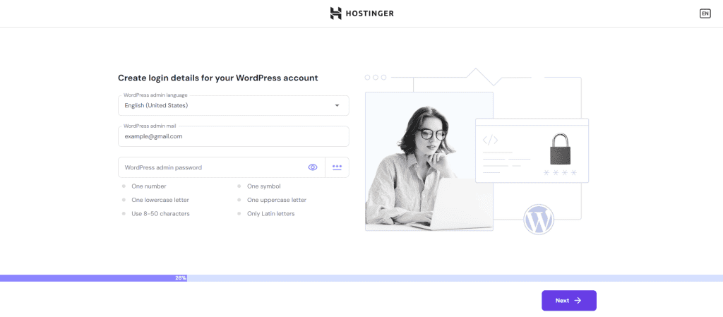 La pagina di creazione dell'account WordPress durante la fase di onboarding di Hostinger