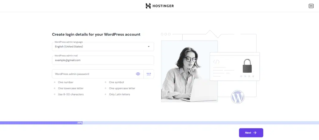 La pagina di creazione dell'account WordPress durante la fase di onboarding di Hostinger