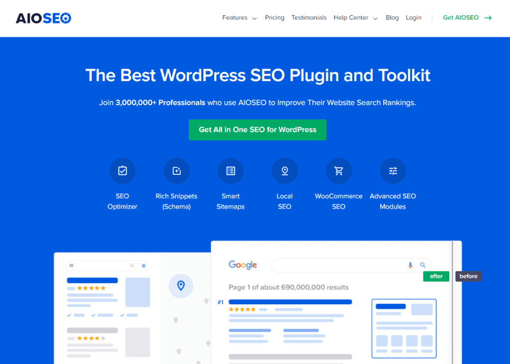 Homepage del sito web del plugin AIOSEO