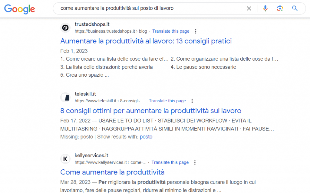 Screenshot che mostra i risultati di ricerca per "come aumentare la produttività sul posto di lavoro"