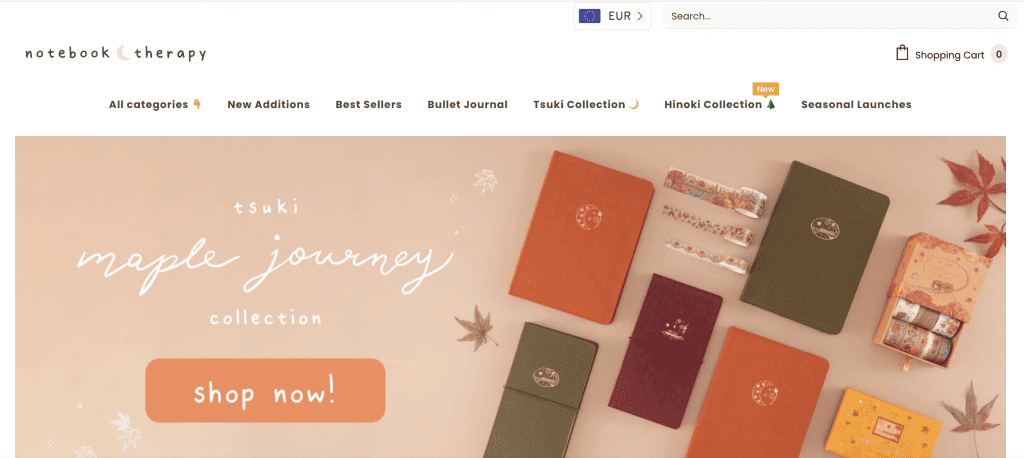 Homepage di Notebook therapy, un negozio in dropshipping che vende simpatici articoli di cancelleria.