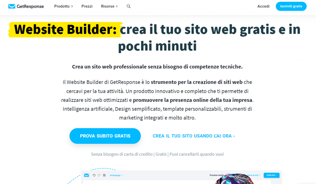 Landing page del website builder Get Response AI