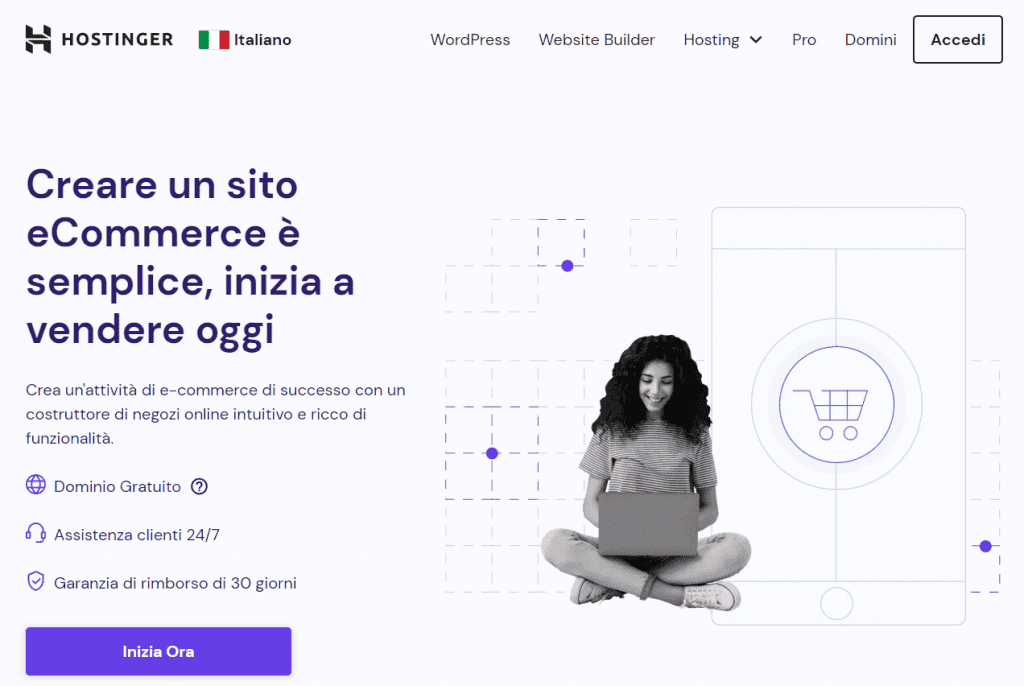 Landing page di Hostinger per creare un negozio online