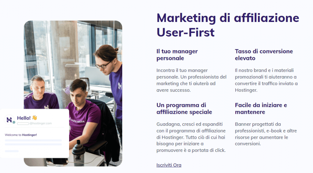 La pagina del Programma di affiliazione di Hostinger
