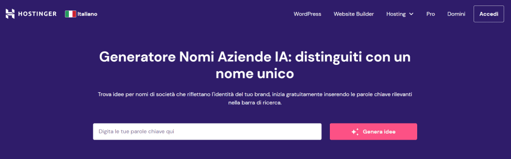 Pagina del generatore di nomi aziendali di Hostinger