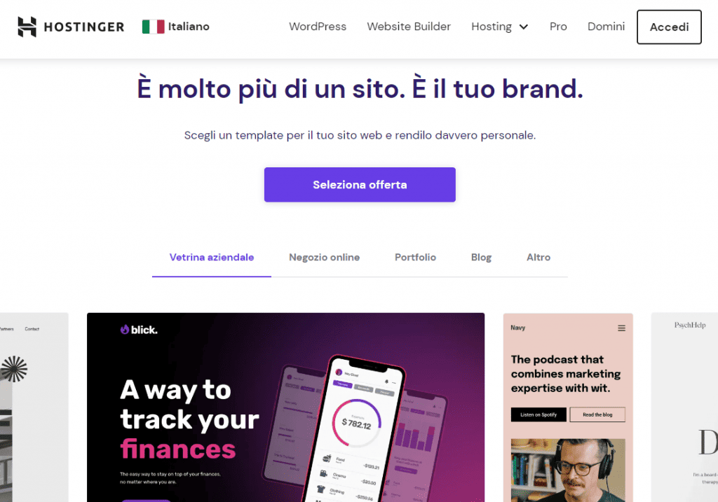 Sezione dei template del website builder di Hostinger