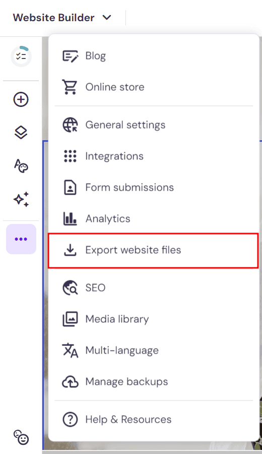 Menu del website builder di Hostinger cheevidenzia  l'opzione per esportare file del sito web