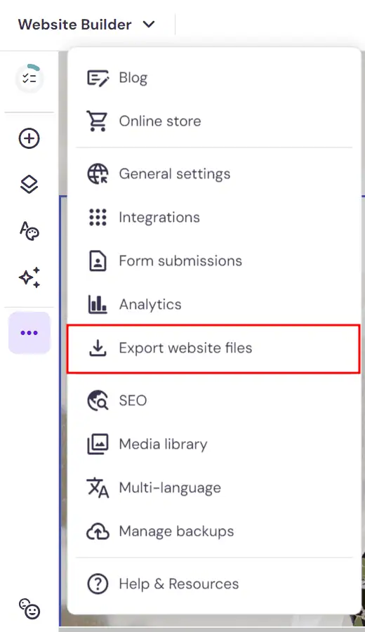 Menu del website builder di Hostinger cheevidenzia  l'opzione per esportare file del sito web