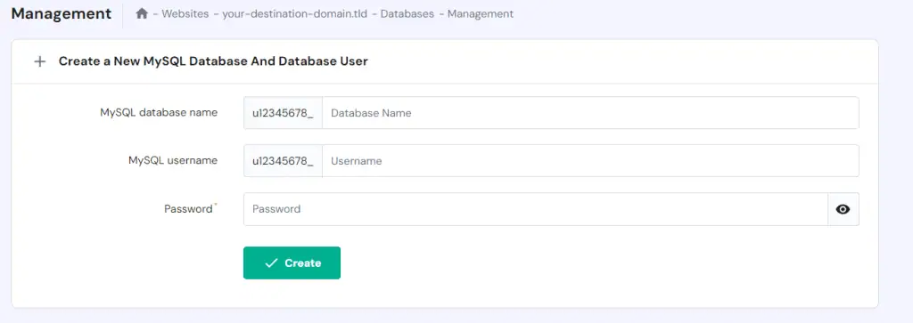 Sezione di creazione del database su hPanel