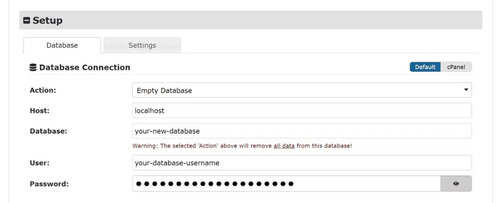 Sezione di configurazione del database nel programma di installazione di Duplicator