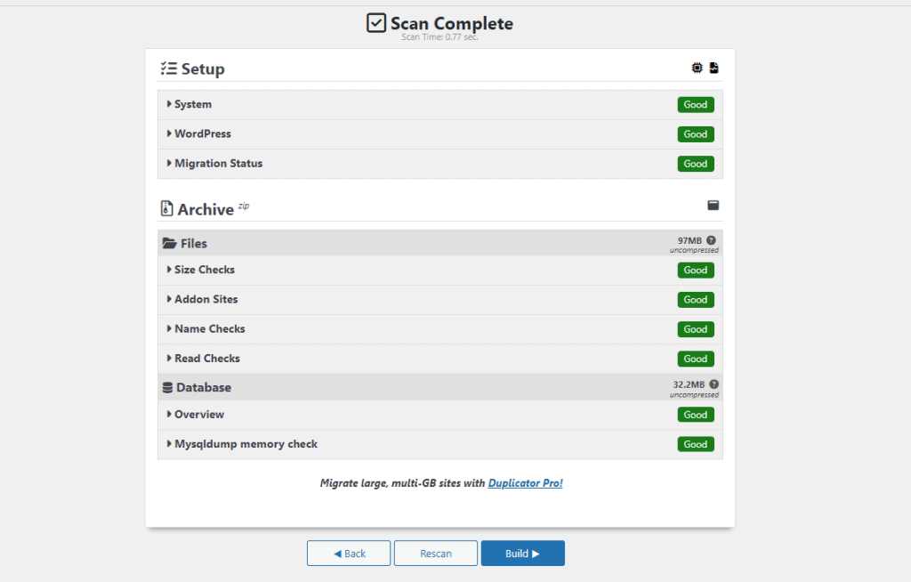 Risultato della scansione del sito web Duplicator