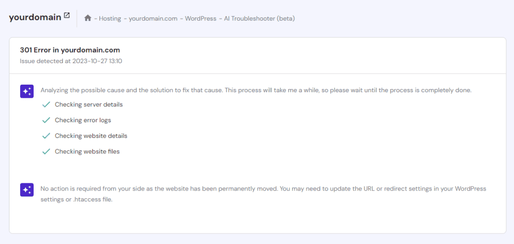 La funzione di risoluzione dei problemi AI nel pannello di controllo di Hostinger