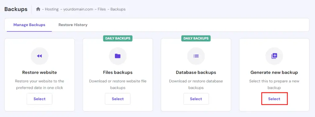 La sezione Backup nel pannello di controllo di Hostinger con l'opzione per generare un nuovo backup evidenziata in rosso