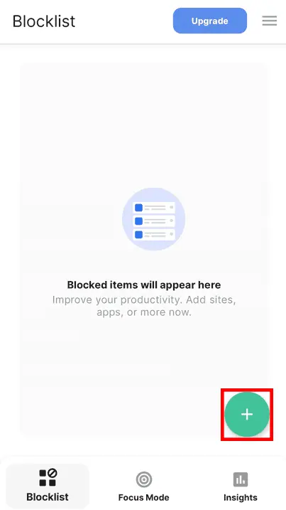 La schermata iniziale di BlockSite mobile con il pulsante verde + evidenziato