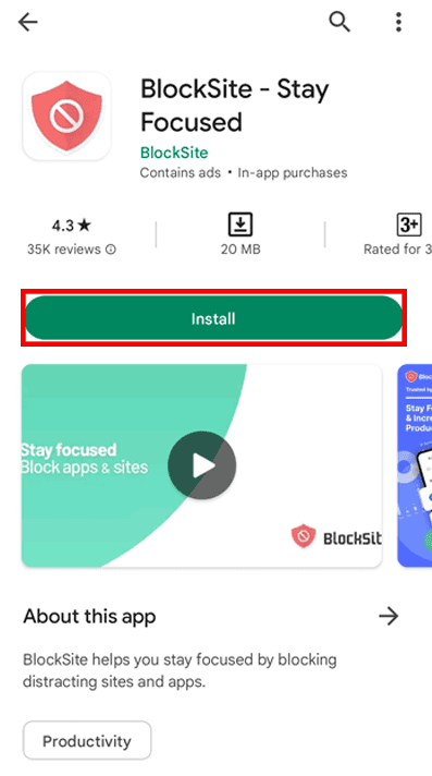 Pagina di download di BlockSite sul Play Store con il pulsante Installa evidenziato