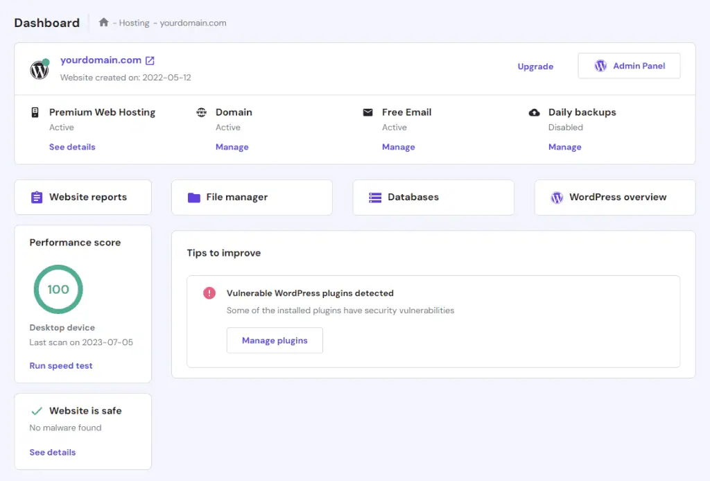 La sezione Dashboard nel pannello di gestione del sito web di Hostinger