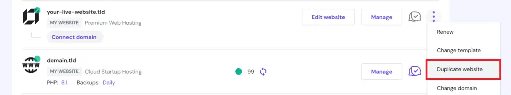 L'opzione Duplica sito web nel menu del sito web di hPanel