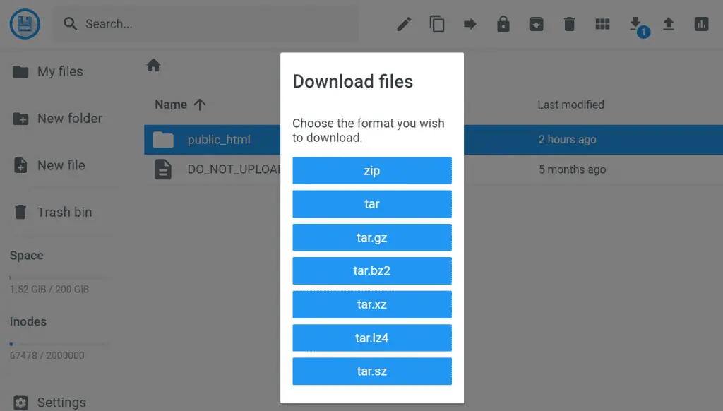 Il menu di download dell'archivio nel File Manager di hPanel