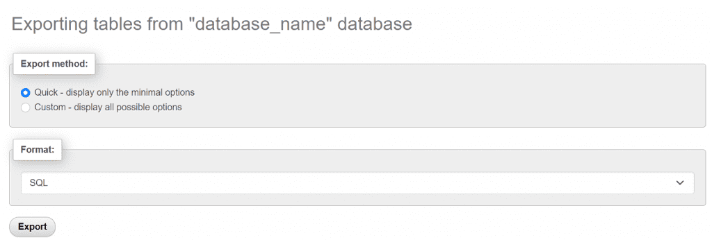 Il menu di esportazione del database in phpMyAdmin