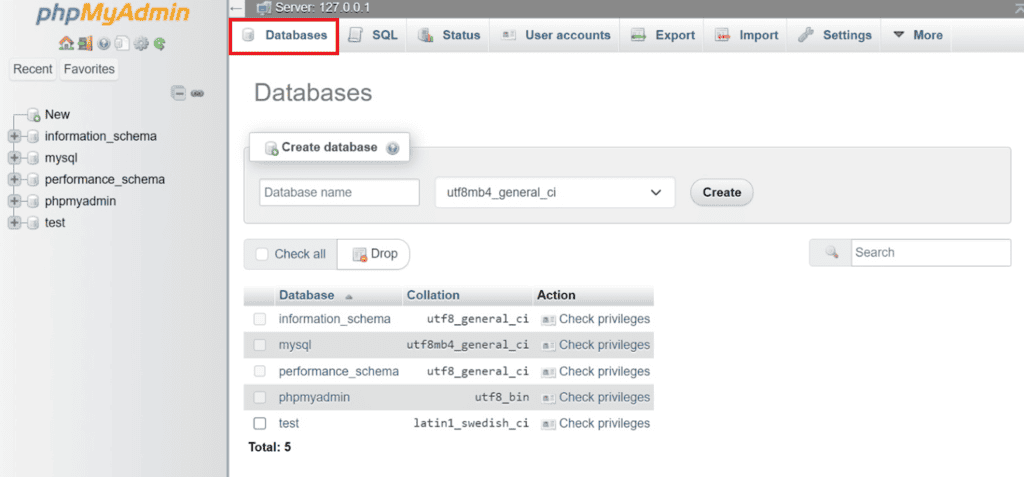 Il menu dei database in phpMyAdmin 