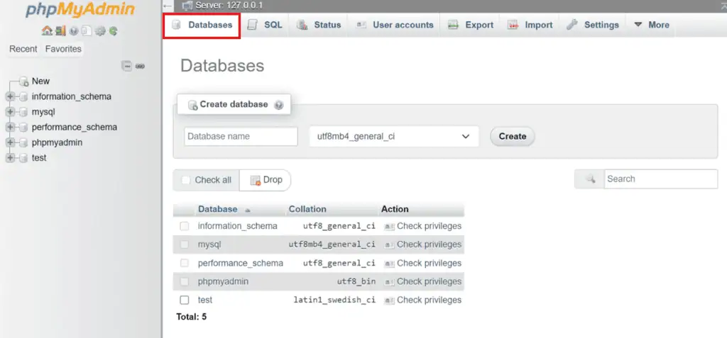 Il menu dei database in phpMyAdmin 