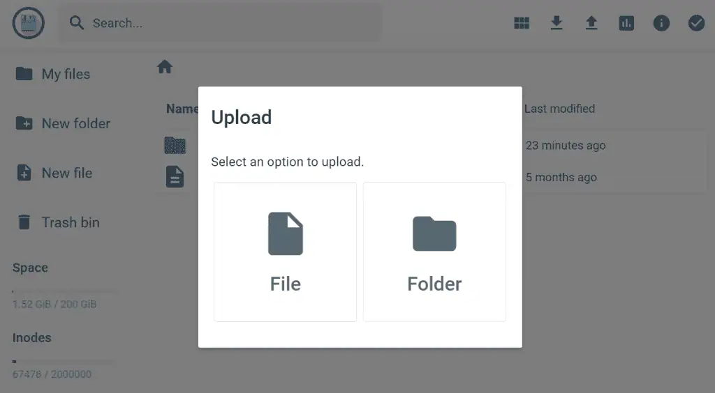 Il menu di caricamento nel File Manager di hPanel 