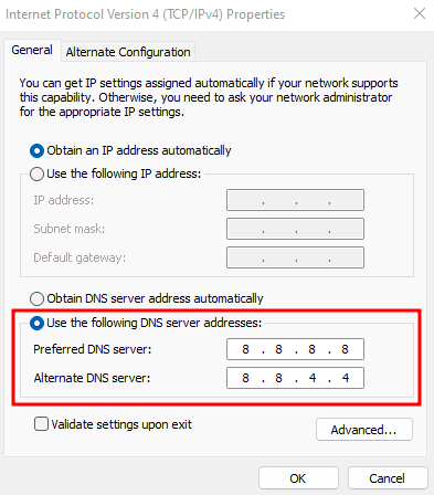 Utilizzo del messaggio con i seguenti indirizzi di server DNS