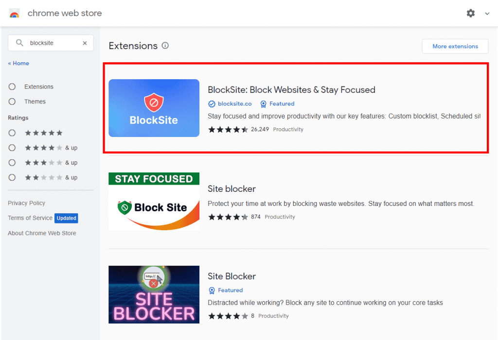 Risultati della ricerca di BlockSite nel Chrome Web Store