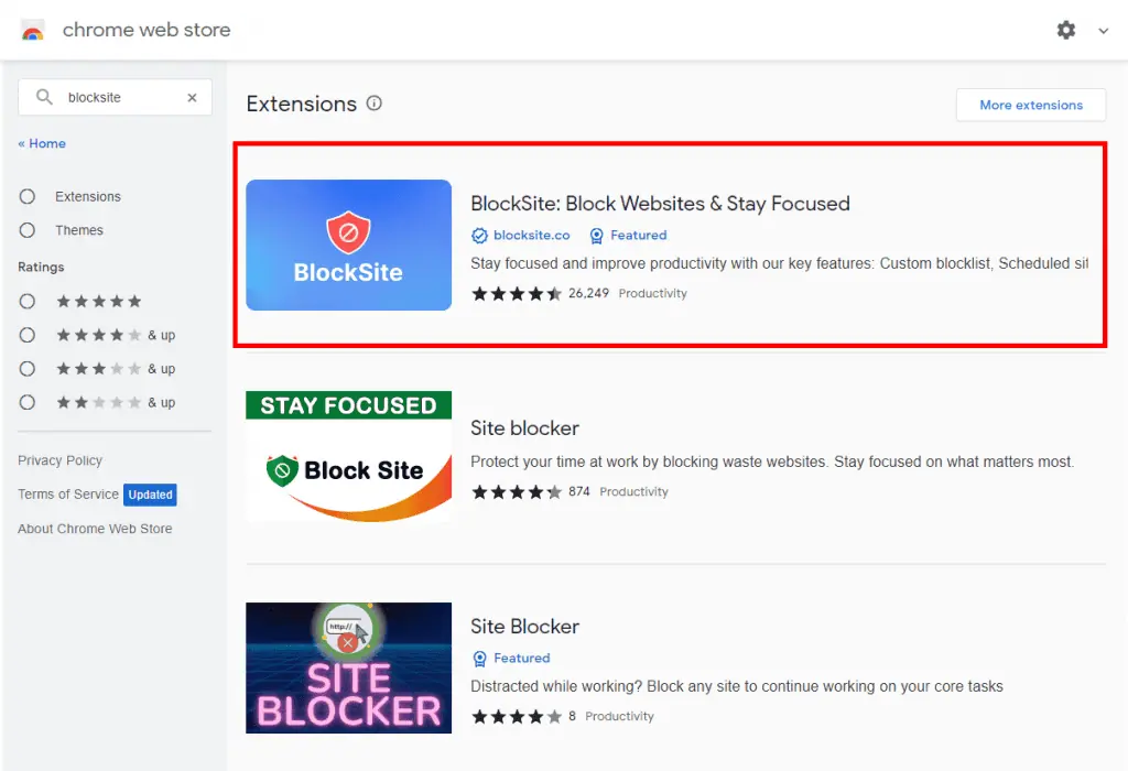 Risultati della ricerca di BlockSite nel Chrome Web Store