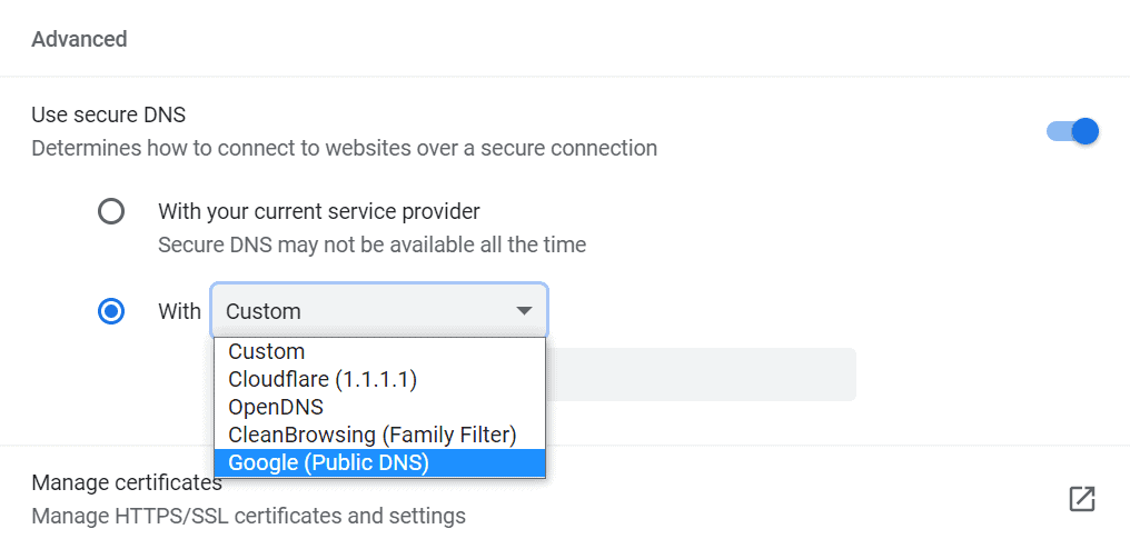 Modifica delle impostazioni DNS su Google Chrome. 