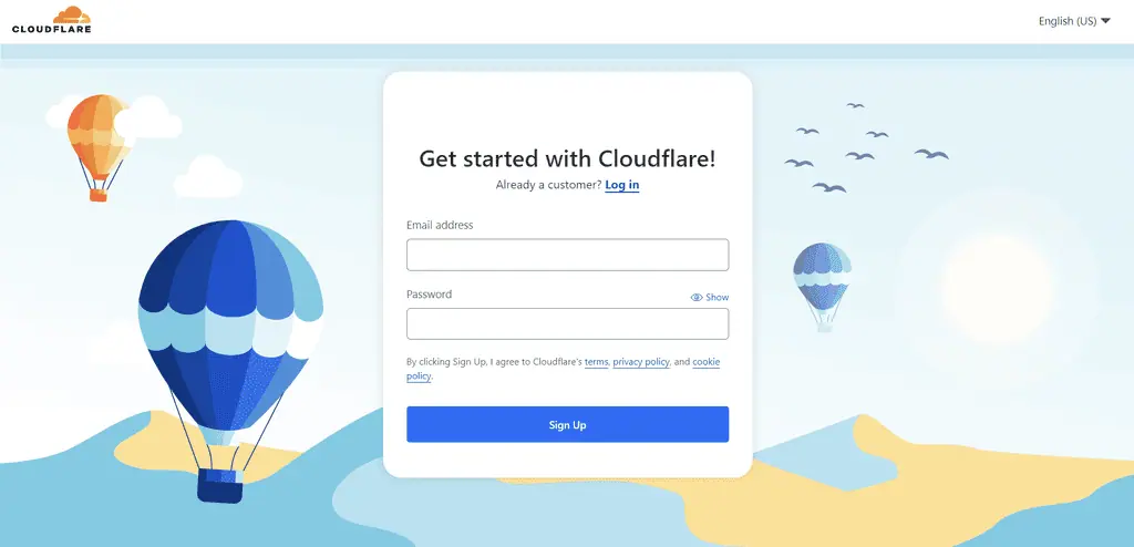 La pagina di registrazione sul sito web di Cloudflare