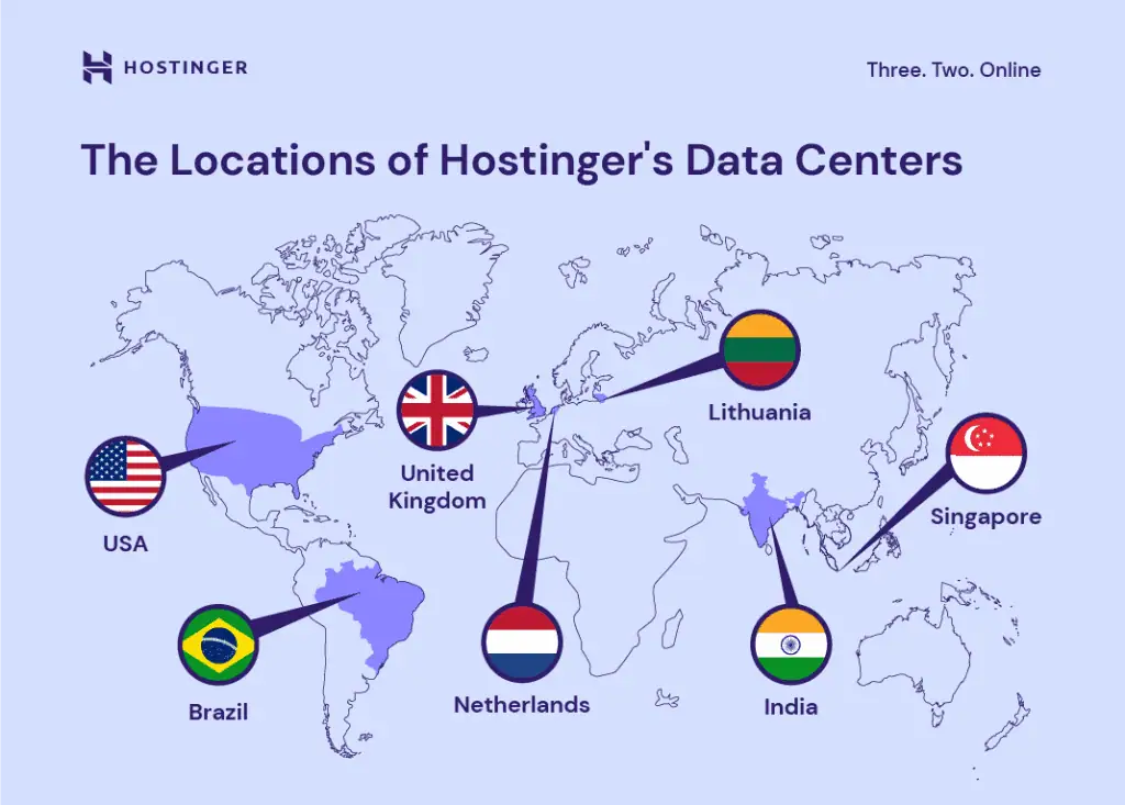 L'infografica che mostra le ubicazioni dei data center di Hostinger nel mondo