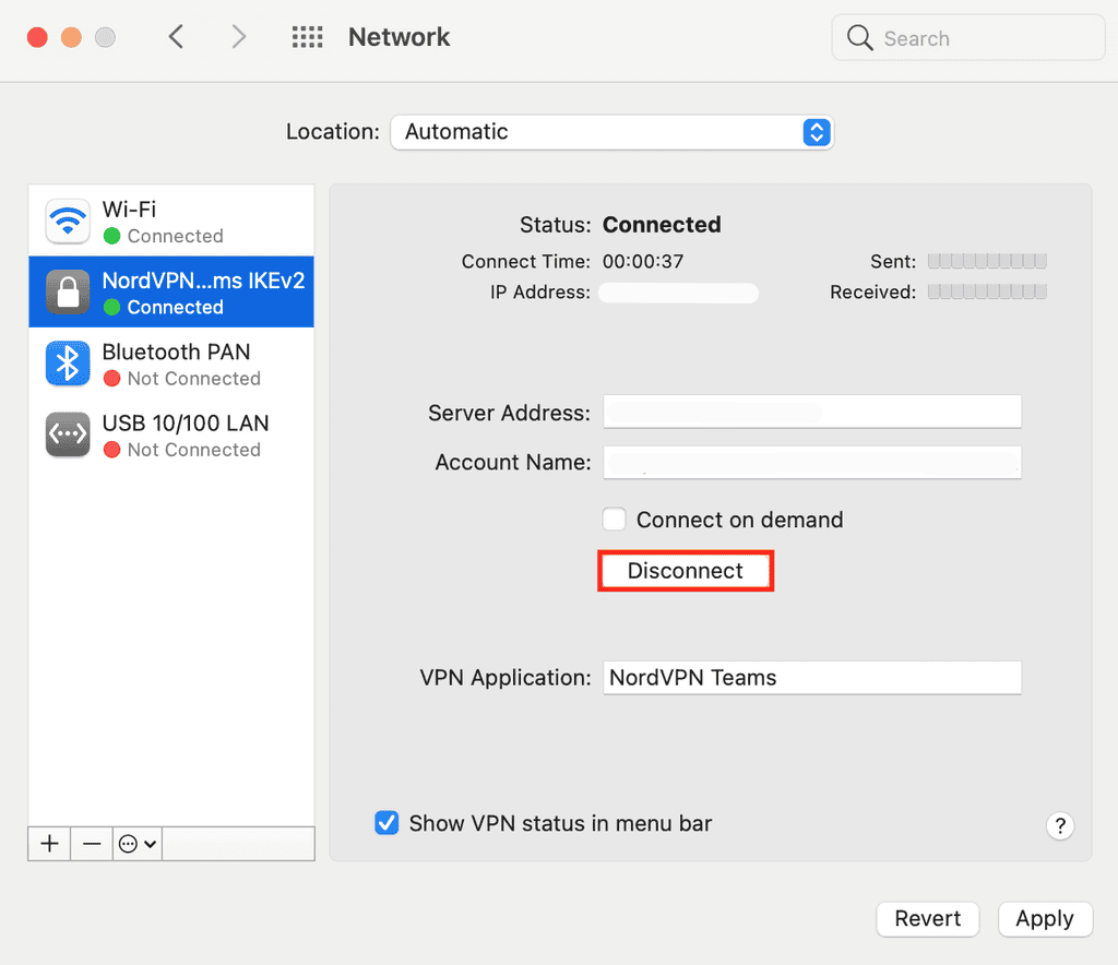 Disconnessione da una VPN su macOS.