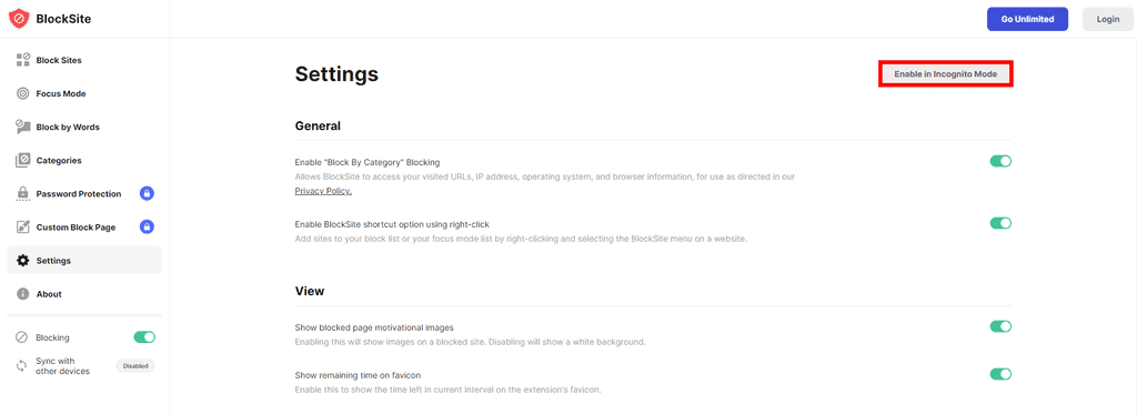 Impostazioni di BlockSite con il pulsante Abilita in modalità incognito evidenziato
