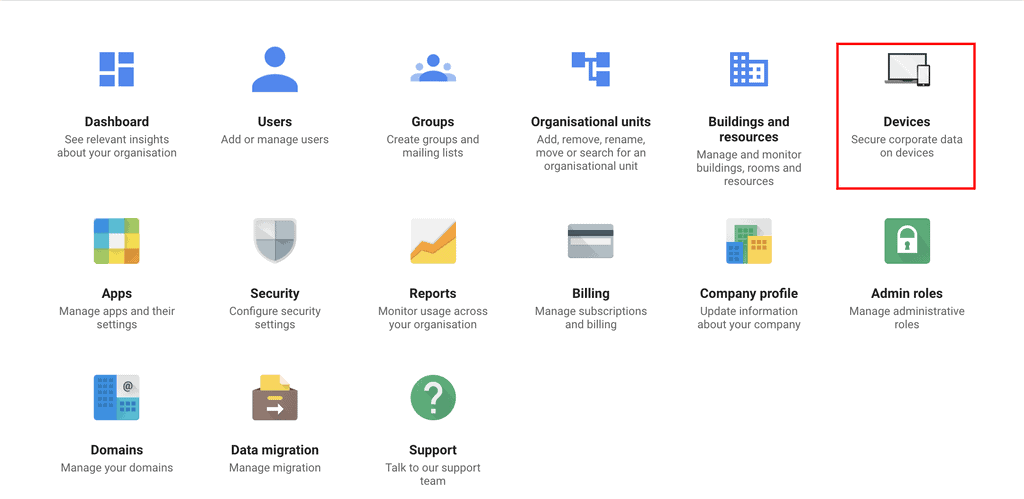 Dashboard di Google Admin Console con l'opzione Dispositivi in evidenza