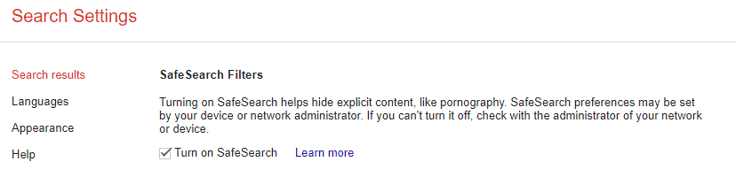 Impostazioni dei filtri di google safesearch