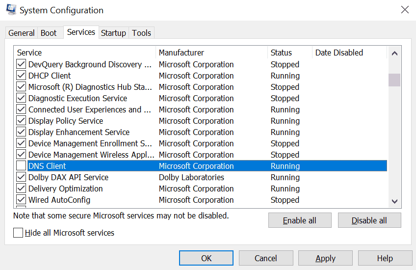 Disabilitazione del client DNS su MSConfig.