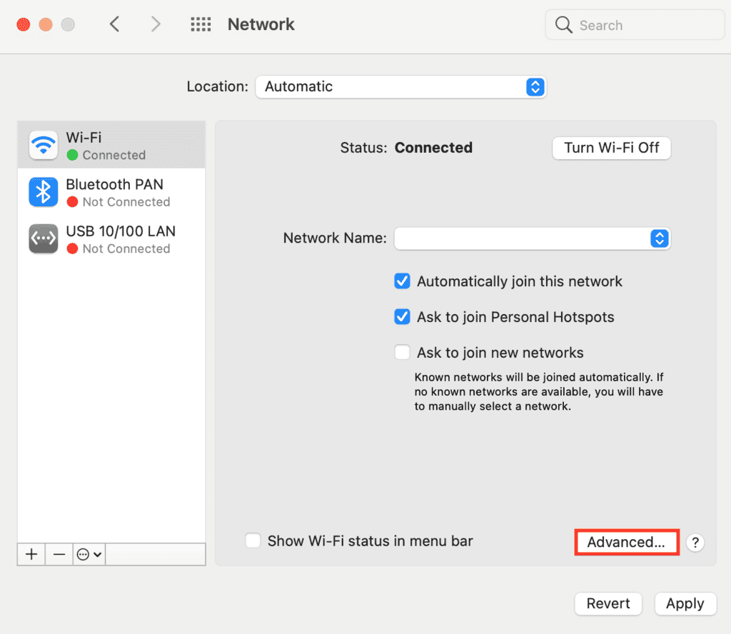 Accesso alle preferenze di rete avanzate su macOS.