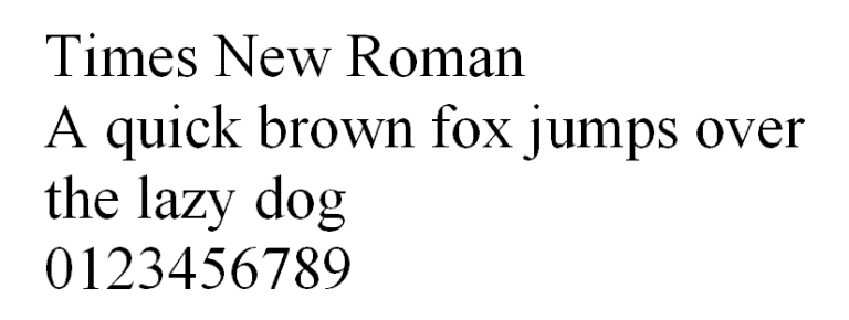 Lettere e numeri del Times New Roman.