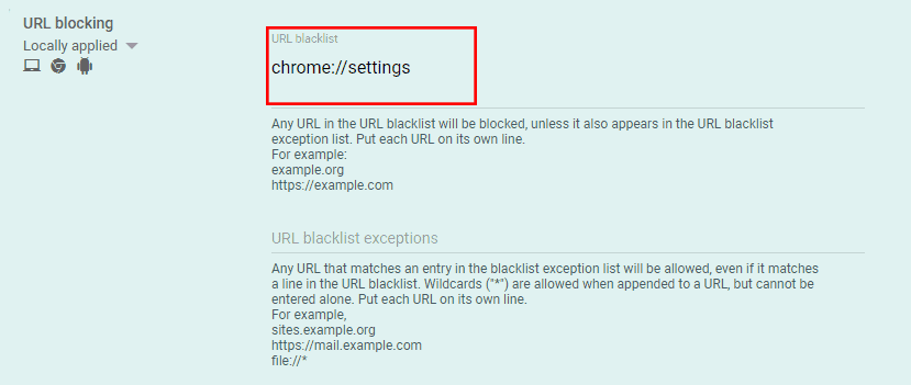  Blocco degli URL in Google Admin Console con la lista nera degli URL chrome://settings evidenziata