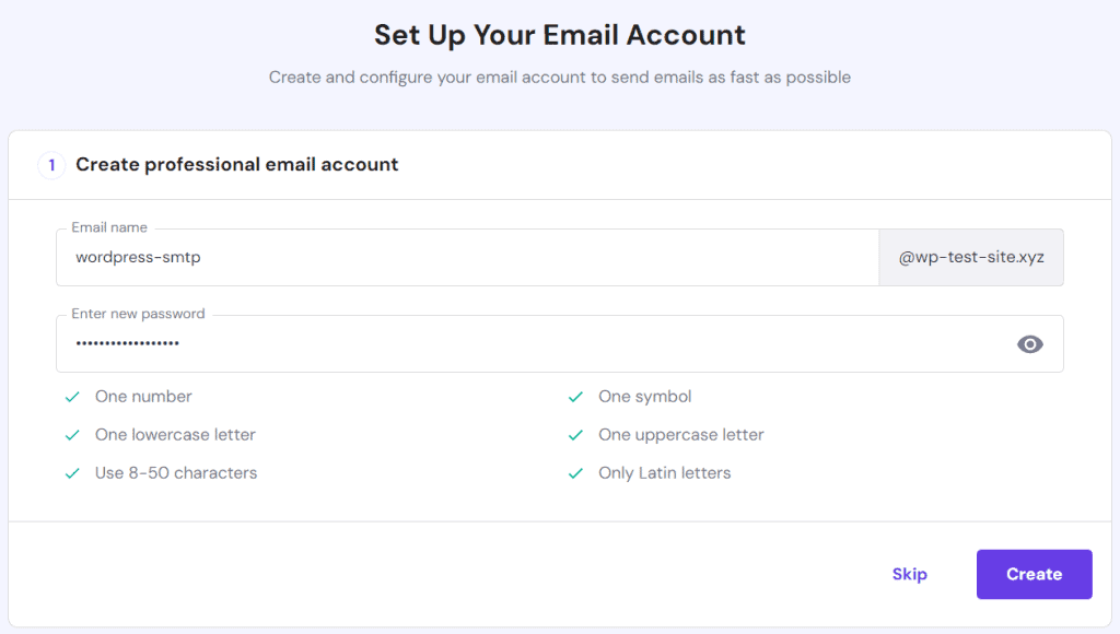 Il menu di configurazione dell'account email su hPanel