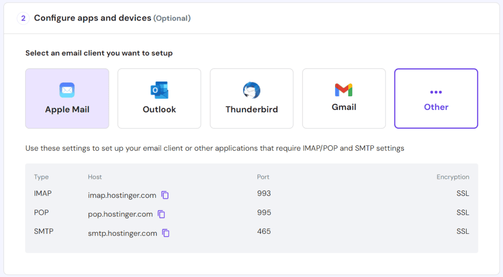 Il menu di configurazione delle app email e dei dispositivi su hPanel