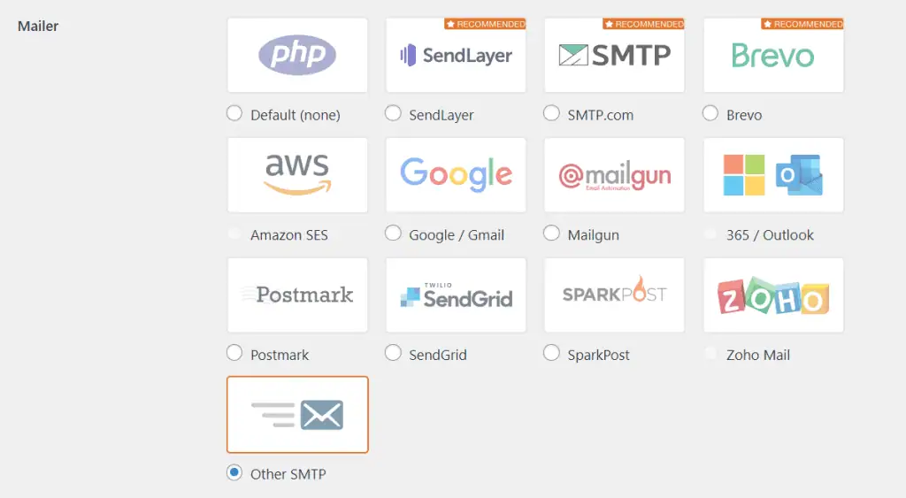 Selezione del mailer nel plugin WP Mail SMTP