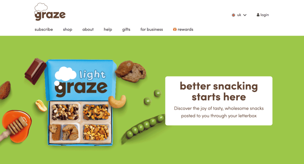 Esempio di un sito con abbonamento basato su abbonamento: la landing page di Graze, un'azienda di snack con sede nel Regno Unito