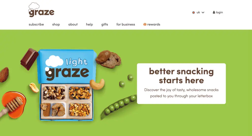 Esempio di un sito con abbonamento basato su abbonamento: la landing page di Graze, un'azienda di snack con sede nel Regno Unito