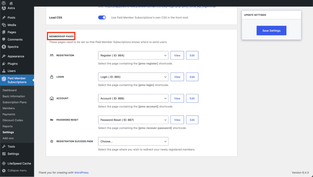 Pagina delle impostazioni di Paid Members Subscriptions con la sezione delle pagine dei membri evidenziata