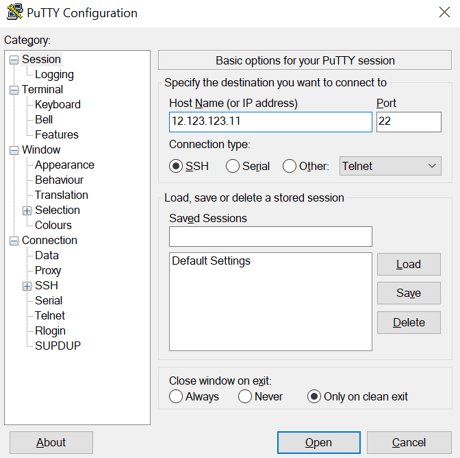 Interfaccia utente client PuTTY SSH