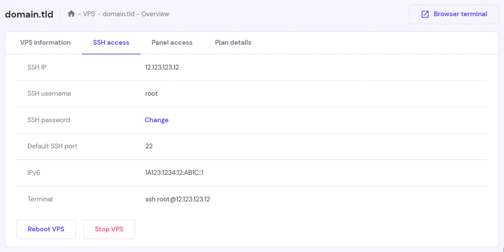 Credenziali di accesso VPS SSH su hPanel