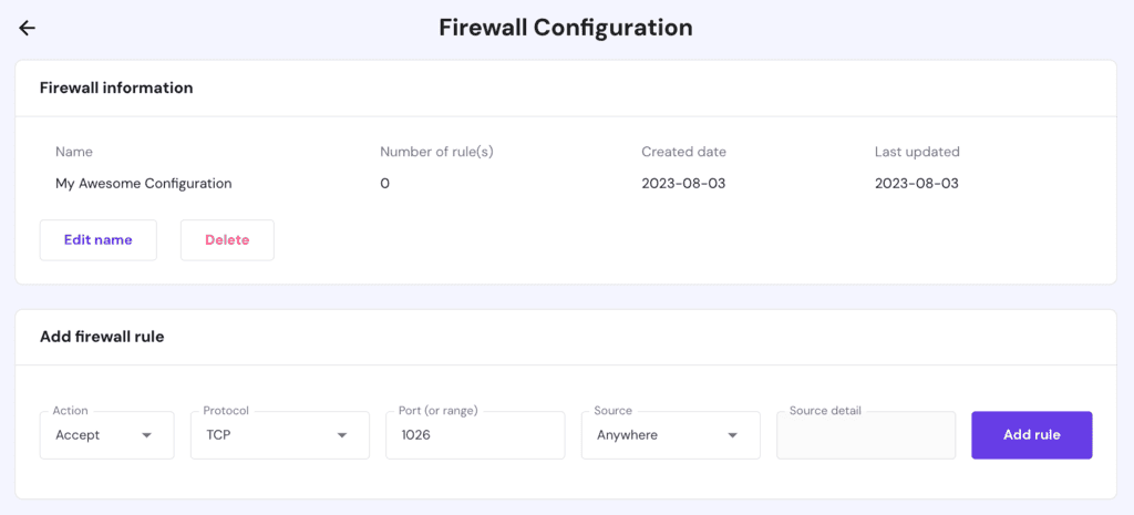 Il processo di creazione di nuove regole firewall su hPanel